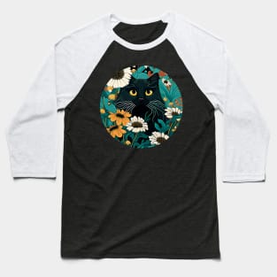 Floral Cat Botanical Plant Flower Black Cat Lover Baseball T-Shirt